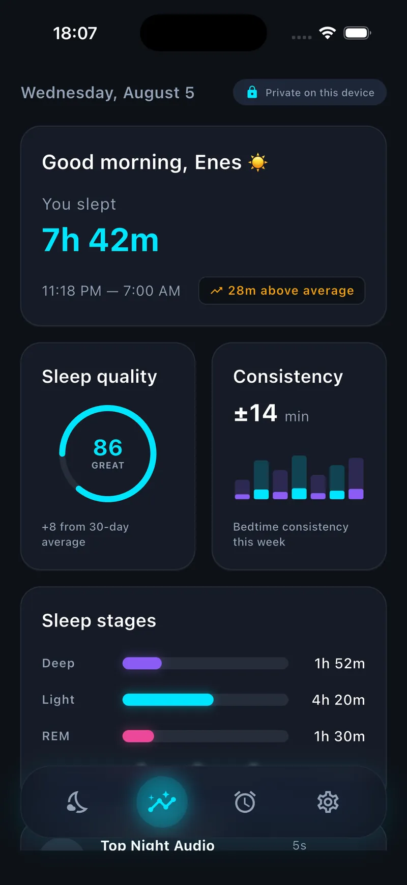 Morning Sleep Report — sleep score ring and HealthKit sleep stages
